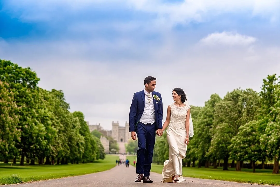 vill Court Wedding Photography bride and groom walking the Long Walk in Windsor