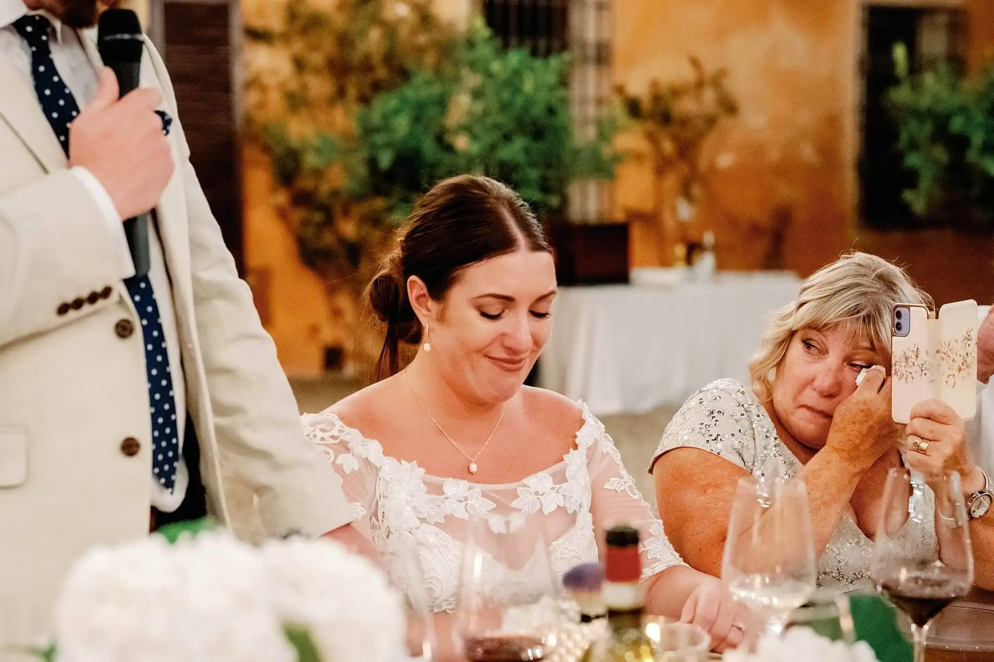 emotional bride listening to the speeches at Villa Catignano Tuscany Italy