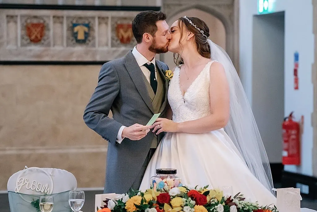 bride and groom kissing at Hanbury Manor