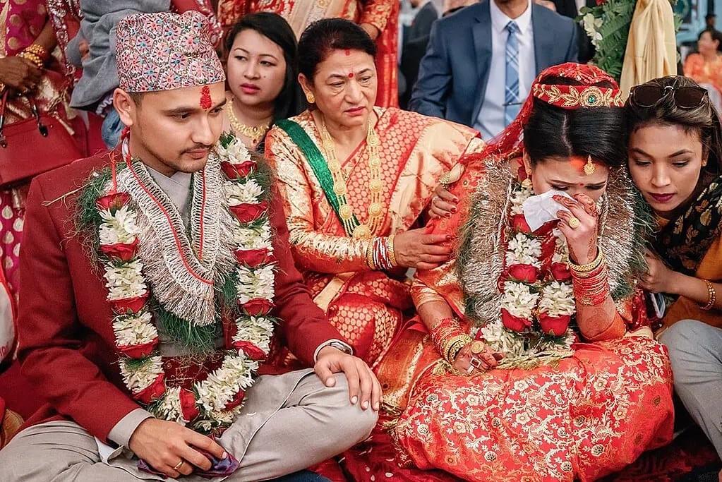 bride wiping away tears in Kathmandu