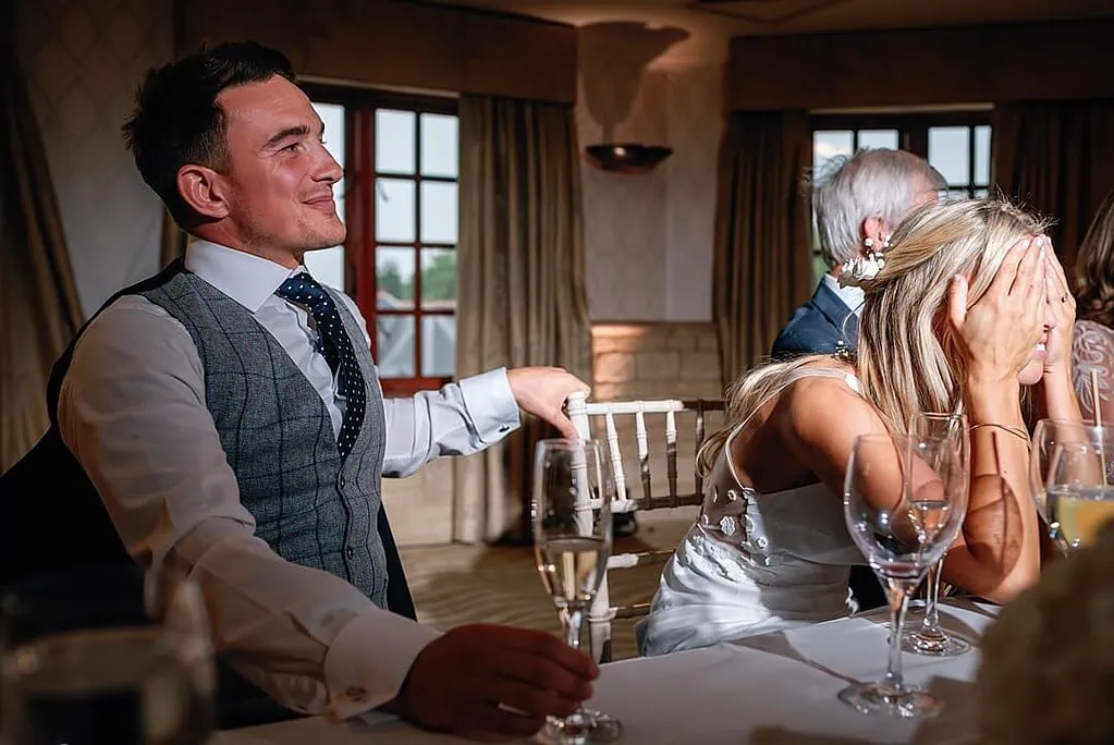 bride's reaction to the best man's speech at Pennyhill Park