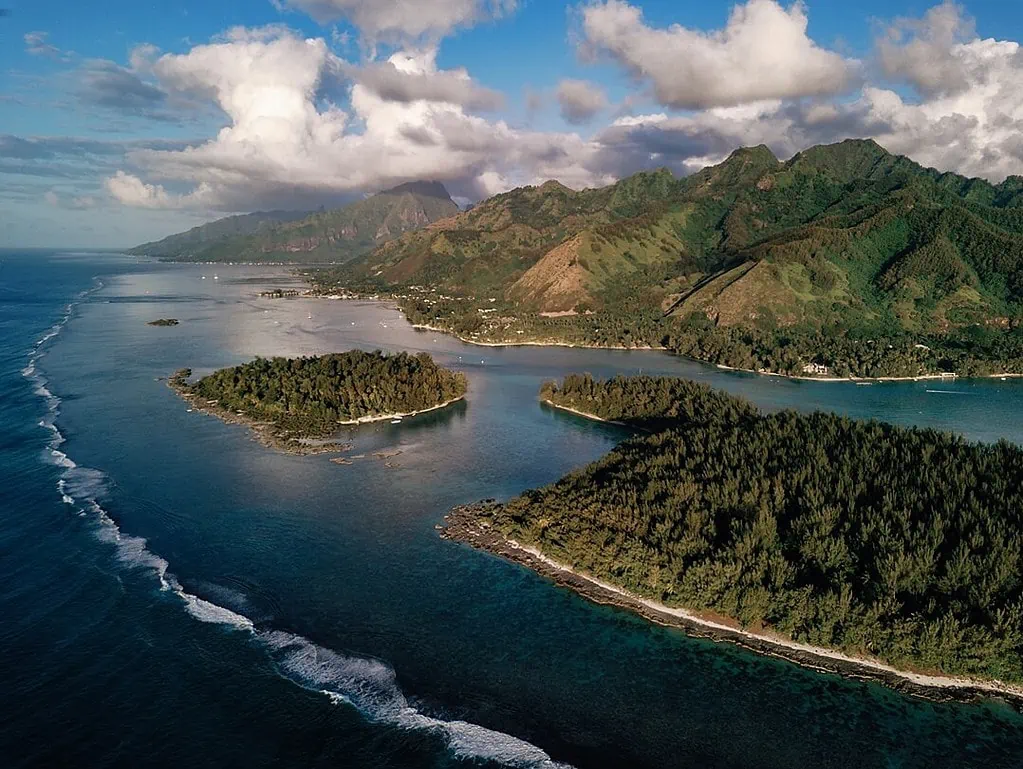 Drone view of Motu Tiahura, Moorea, Tahiti