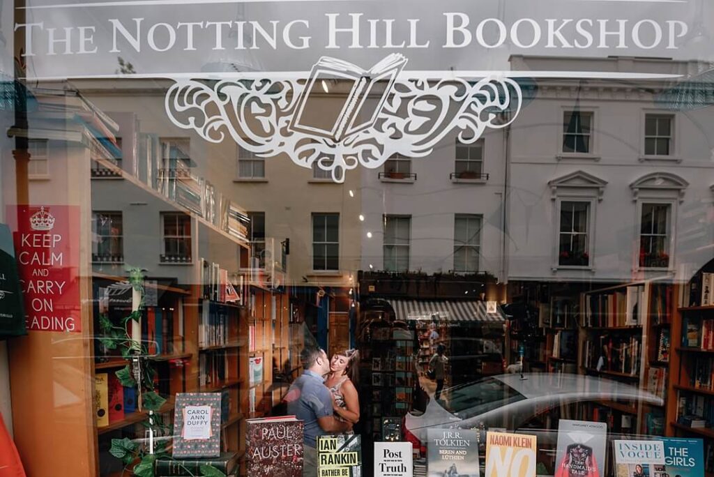 Couple portrait inside the The Notting Hill Bookshop